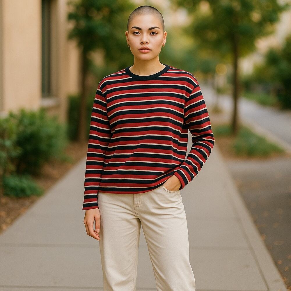 Forever 21 Womens Top Sz S Burnt Sienna Navy Blue White‎ Stripe Cropped Length